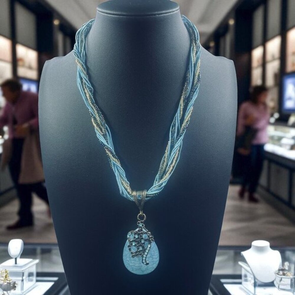 Boho Blue Beaded‎ Ribbon Necklace Teardrop Pendant Floral Crystal Accents 19"